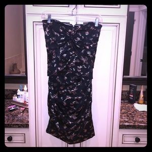 Navy and gold silk Nicole Miller strapless dress